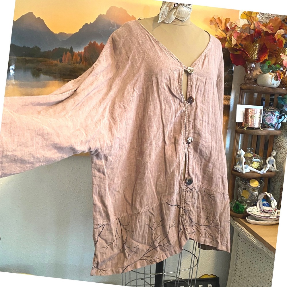 Fenini Linen Button Top Lagenlook Boho Art To Wear Womens 3X Plus Mauve Pink